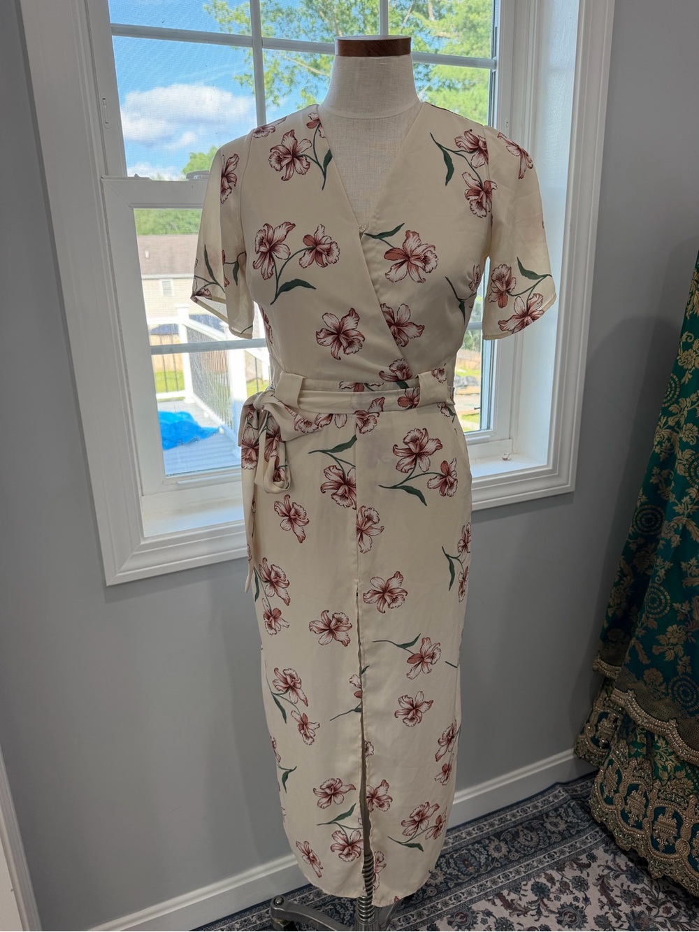 Sienna Sky Cream Floral Maxi Wrap Dress with Pink Flowers